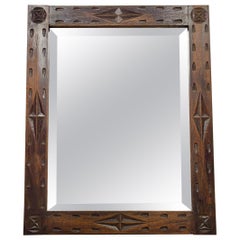 Spanish Rustic Oak Wall Mirror with Geometric Carved Frame
