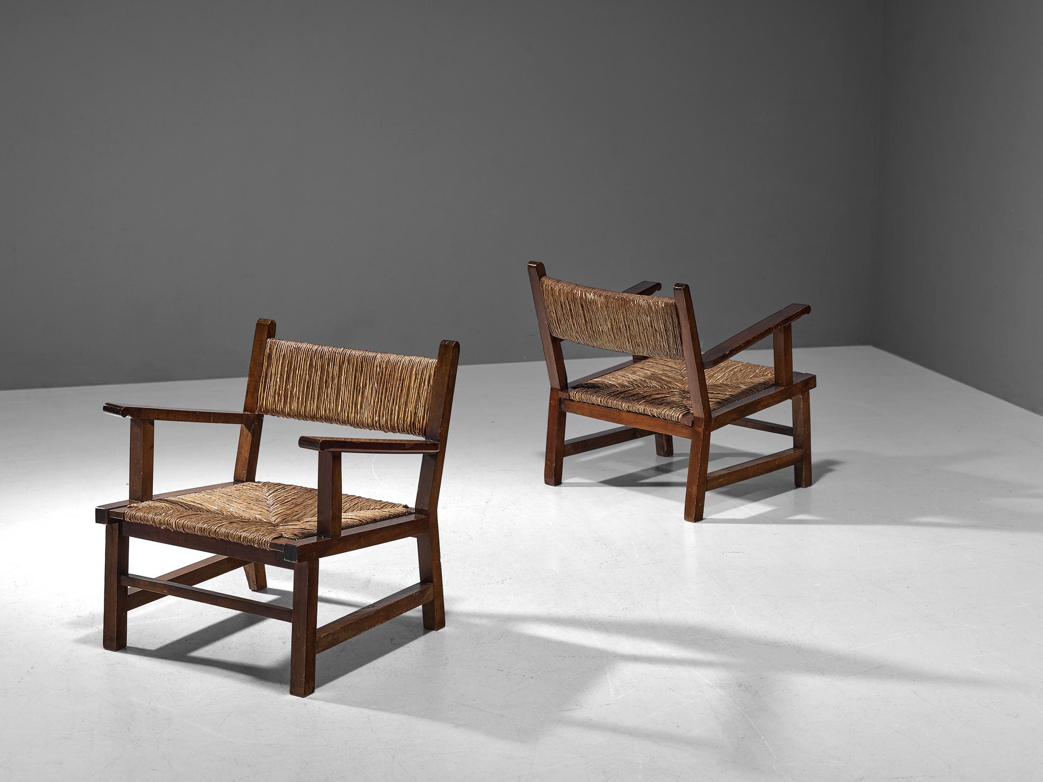 Mid-Century Modern Spanish Rustic Pair of Armchairs in Stained Wood and Straw