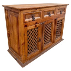 Spanish Rustic Pine Sideboard with Lattice Doors and Iron Hardware