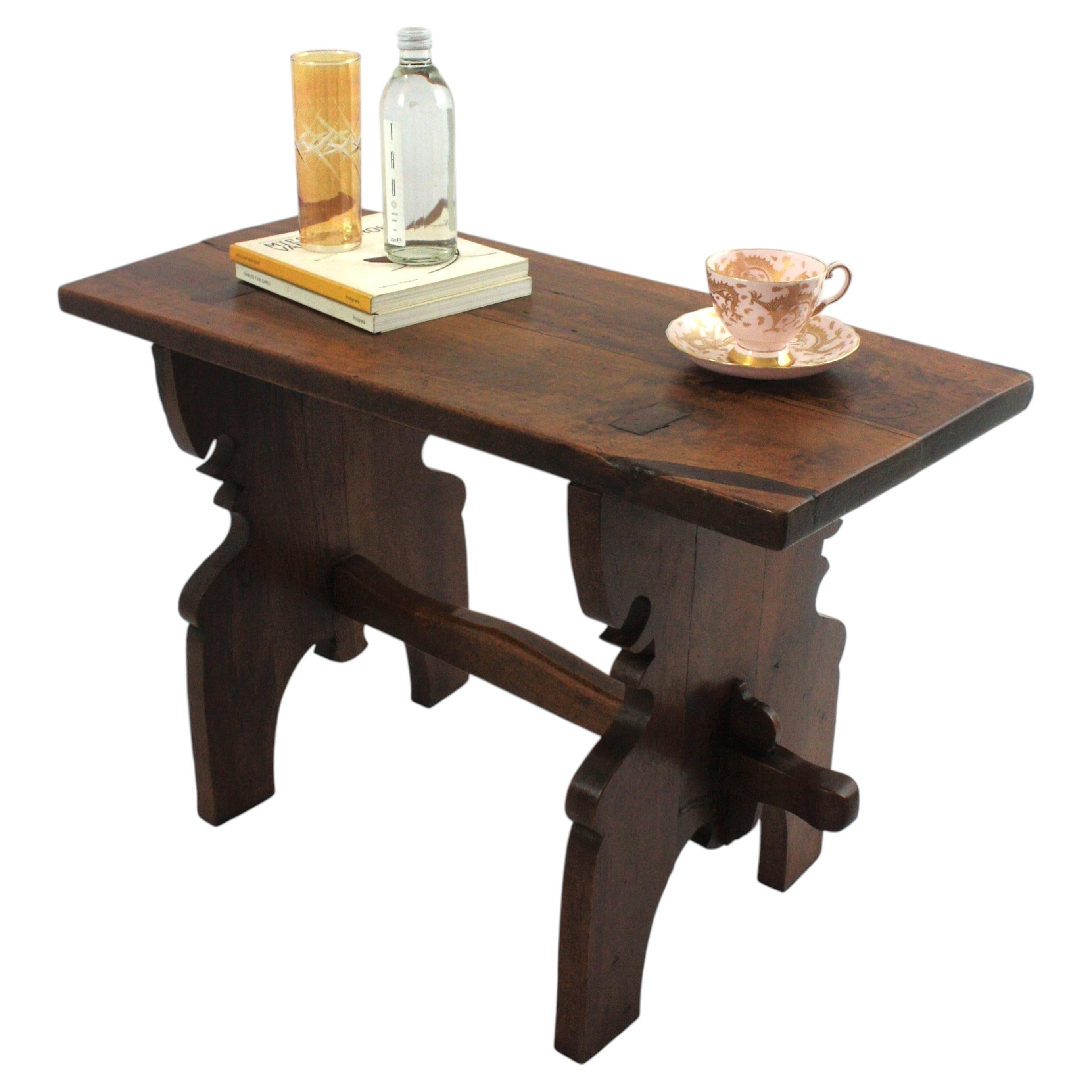Spanish Rustic Side Table / Bench in Walnut with Trestle Base, 1930s For Sale