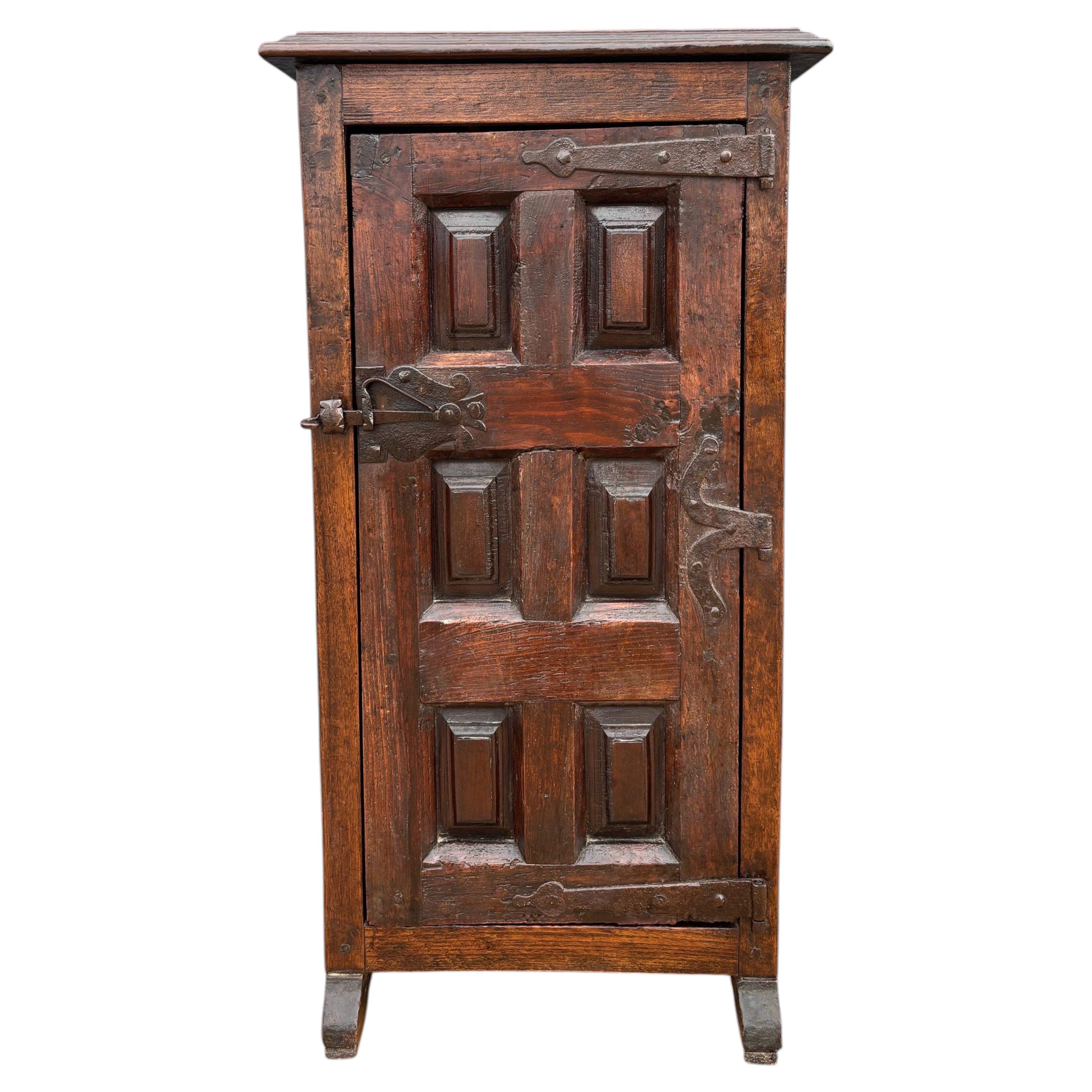 Spanish Rustic Solid Oak Cabinet with Paneled Door and Iron Hardware, 1880s For Sale