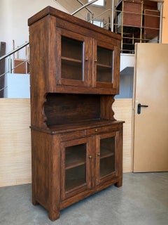 Spanish Rustic Solid Wood Farmhouse Kitchen Hutch Cabinet with Glass Doors