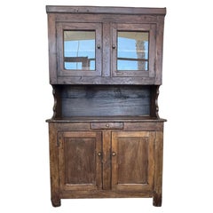 Spanish Rustic Solid Wood Farmhouse Kitchen Hutch Cabinet with Glass Doors