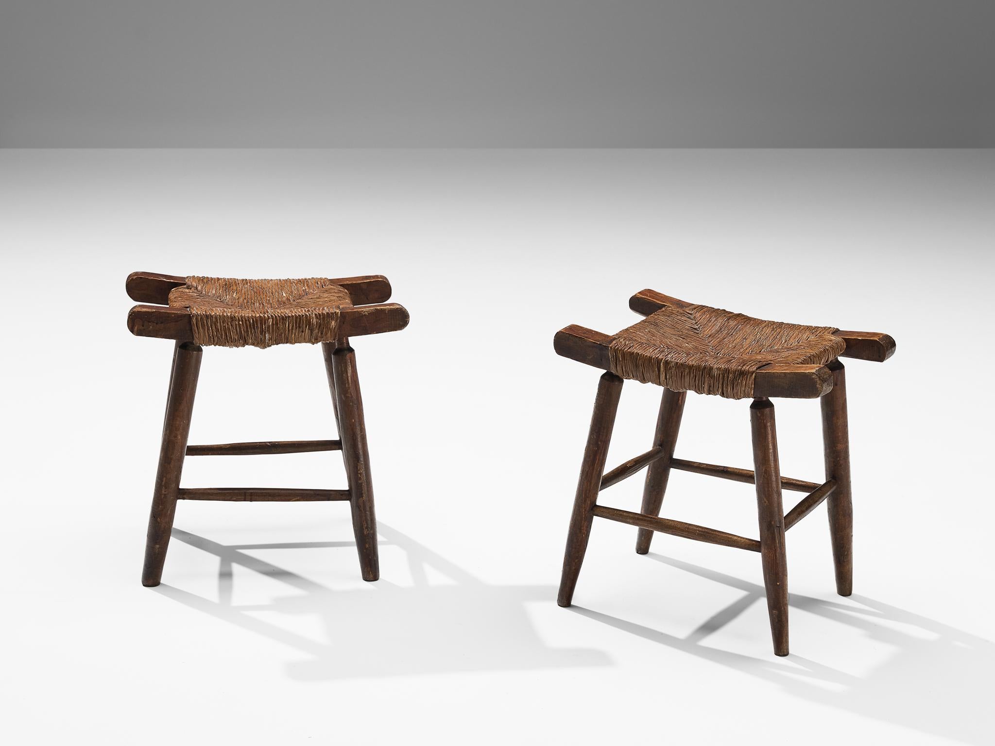 Mid-Century Modern Spanish Rustic Stools in Stained Wood and Straw For Sale