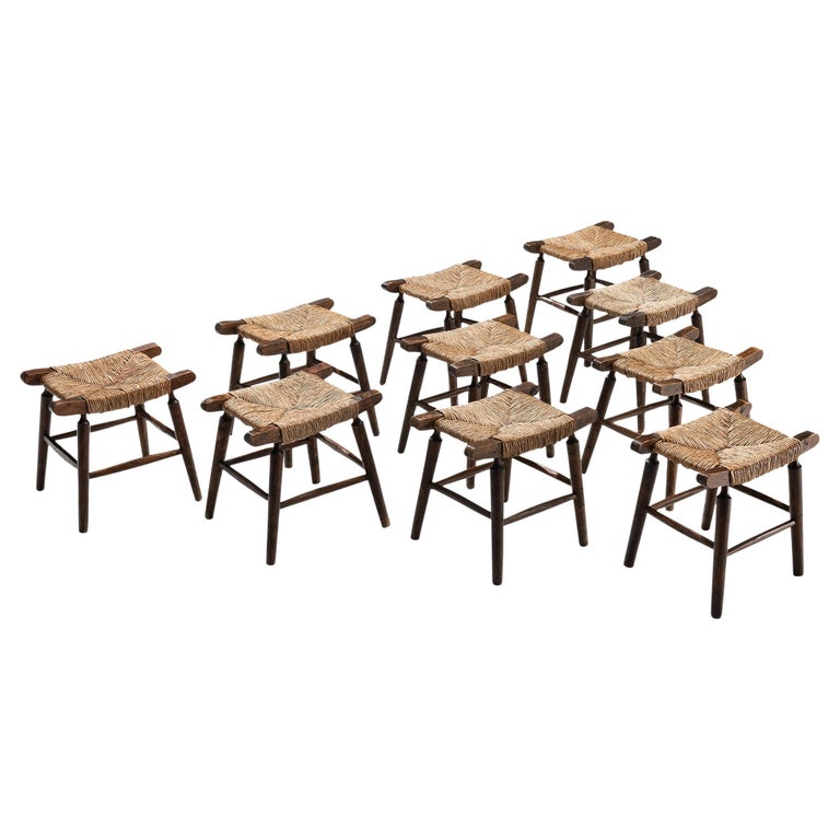 Spanish Rustic Stools in Stained Wood and Straw For Sale at 1stDibs