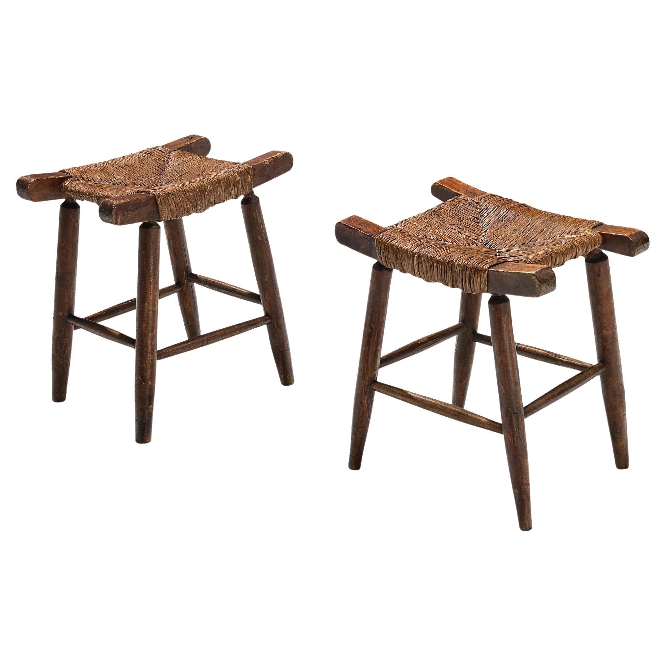 Spanish Rustic Stools in Stained Wood and Straw