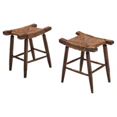 Vintage Spanish Rustic Stools in Stained Wood and Straw