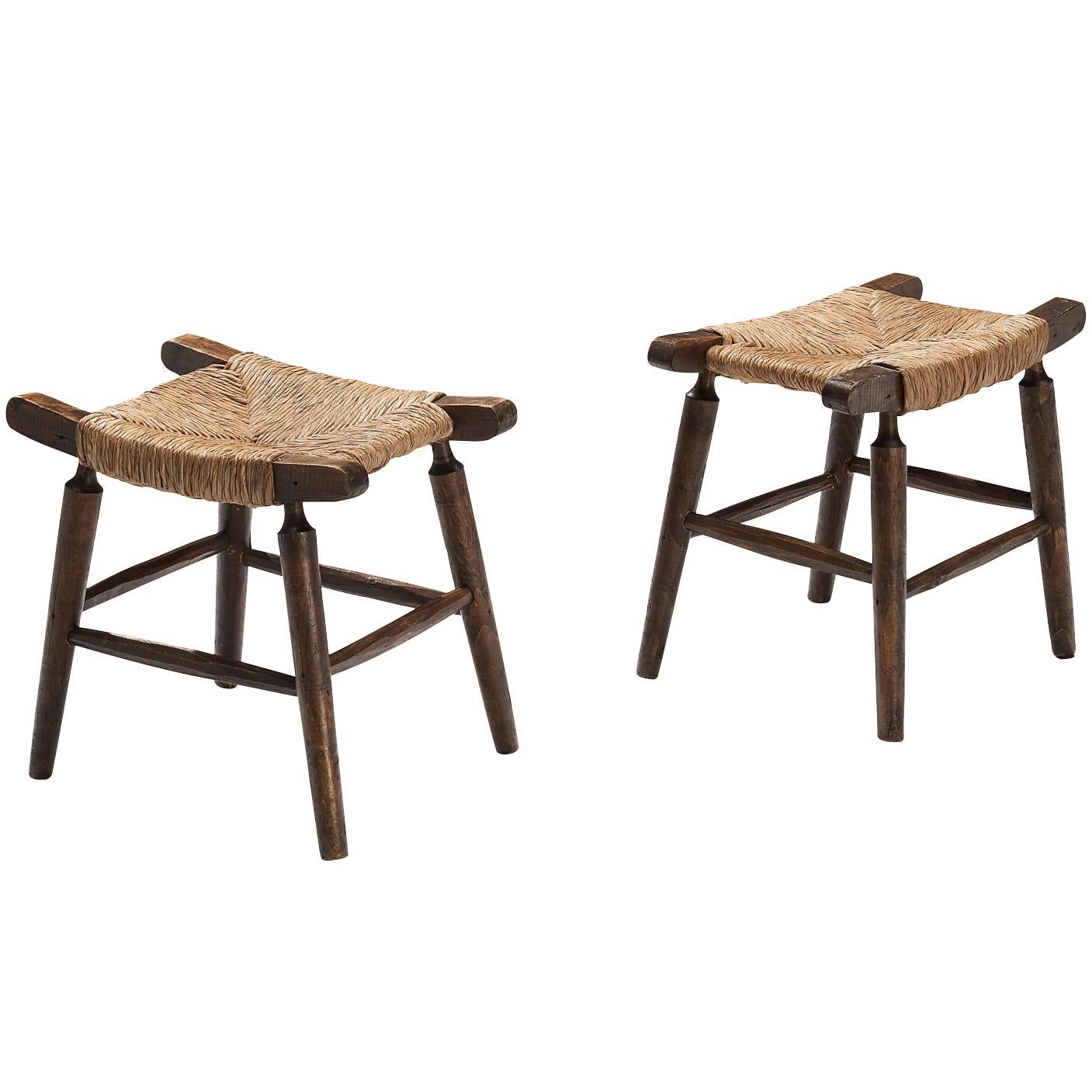 Spanish Rustic Stools in Stained Wood and Straw  For Sale