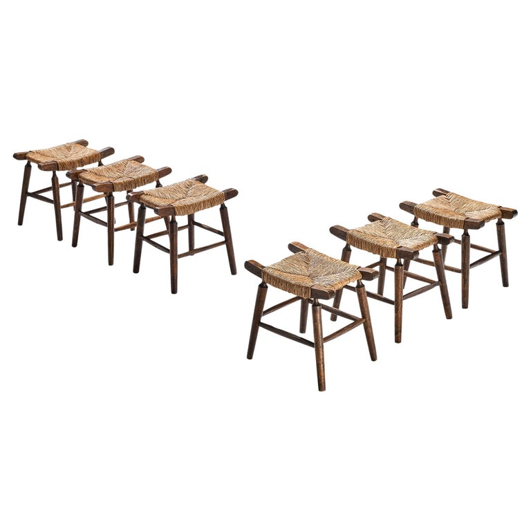 Spanish Rustic Stools in Stained Wood and Straw For Sale at 1stDibs