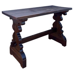 Spanish Rustic Trestle Console Table with Carved Pedestal Supports, 1940s