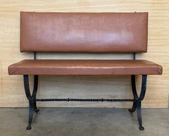 Spanish Rustic & Vintage Upholstered Leather Bench with Wrought Iron Base