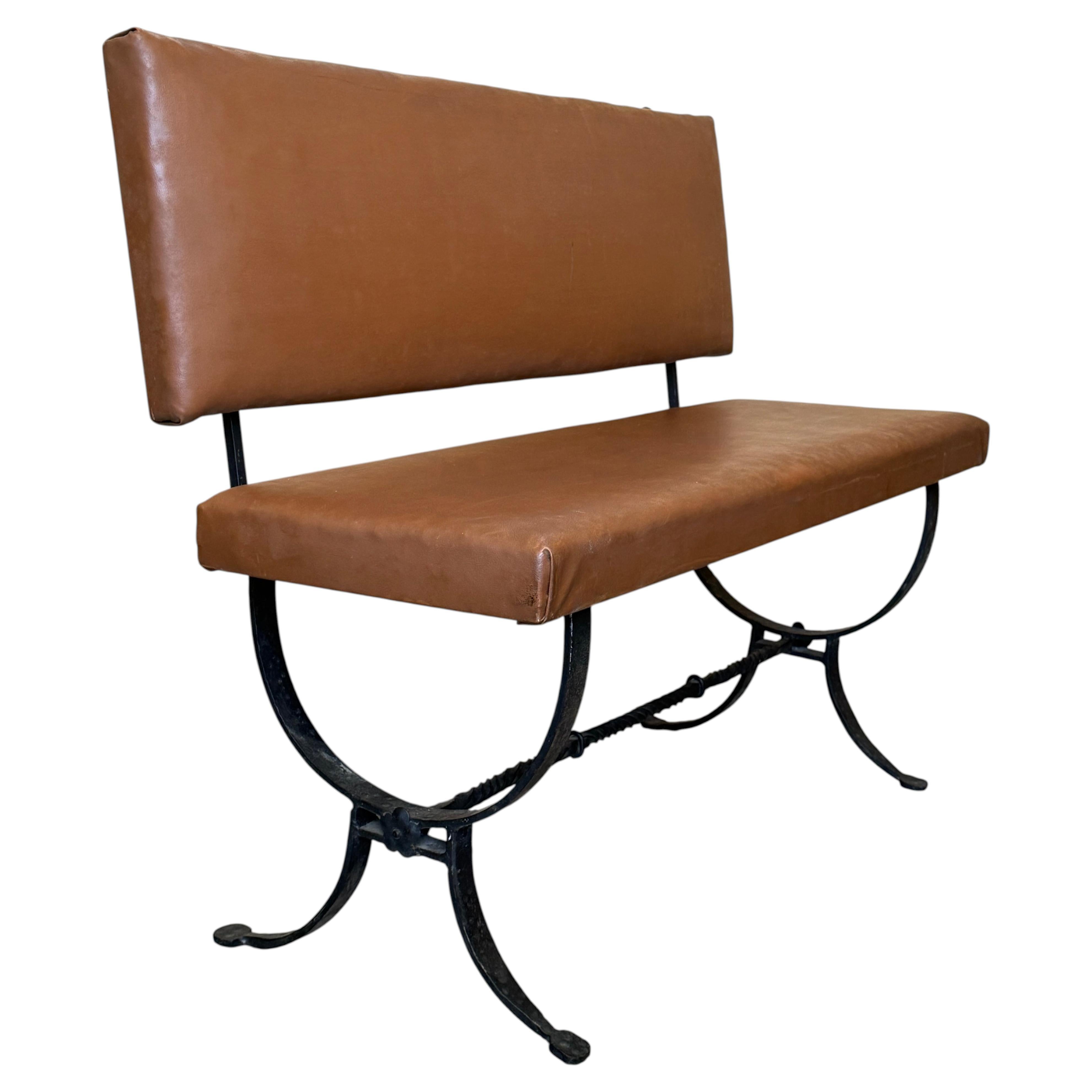 Spanish Rustic & Vintage Upholstered Leather Bench with Wrought Iron Base For Sale