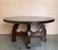 Spanish Rustic Walnut Round Coffee Table with Carved Lyre Trestle Base, 1940s