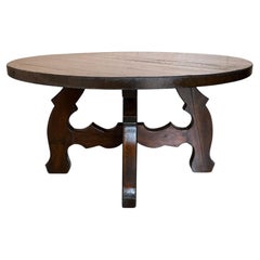 Spanish Rustic Walnut Round Coffee Table with Carved Lyre Trestle Base, 1940s