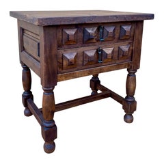 Spanish Rustic Walnut Side Table with Drawers, Early 20th Century