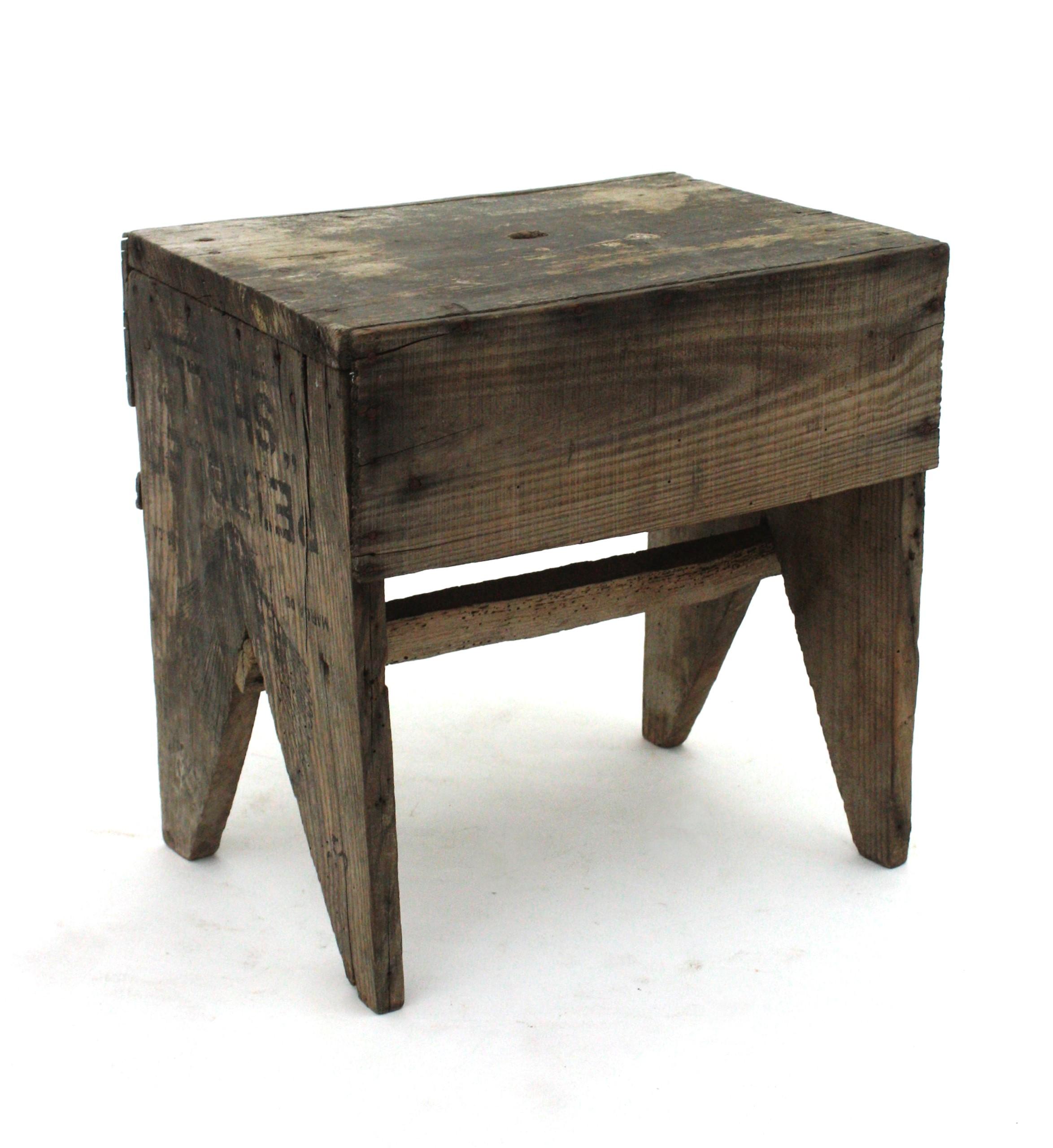 Spanish Rustic Wood Stool or Side Table For Sale 4
