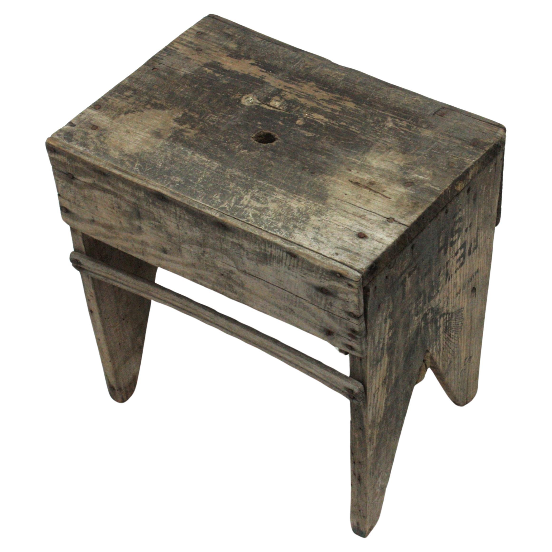 Wooden Stool, Spain, 1930s-1940s.
Made from recycled materials.
Handcrafted stool made with parts of shell oil company wood barrels.
To be used as stool, stand or side table.
Nice addition to any industrial, rustic or countryside house