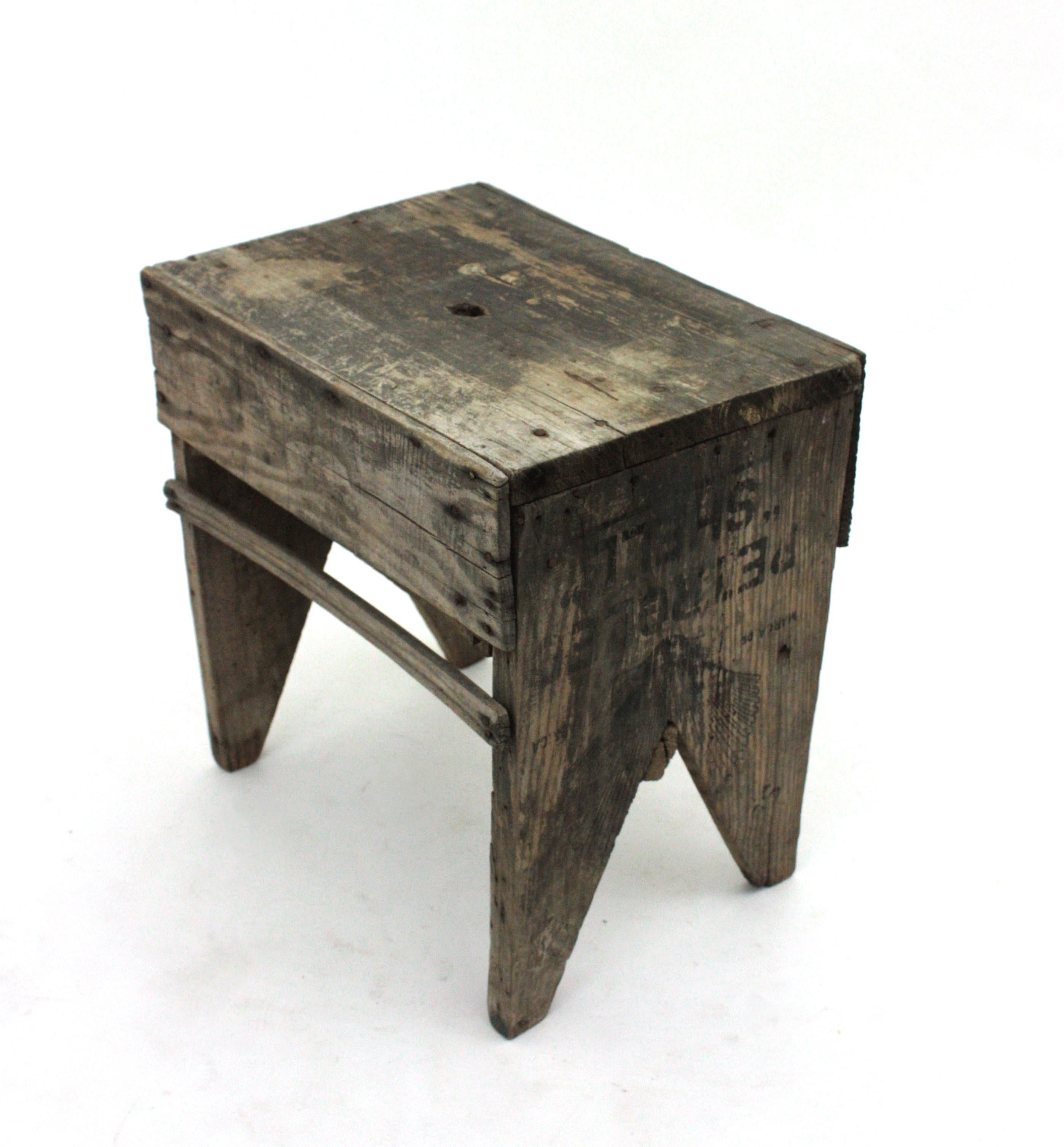 Spanish Rustic Wood Stool or Side Table For Sale 2