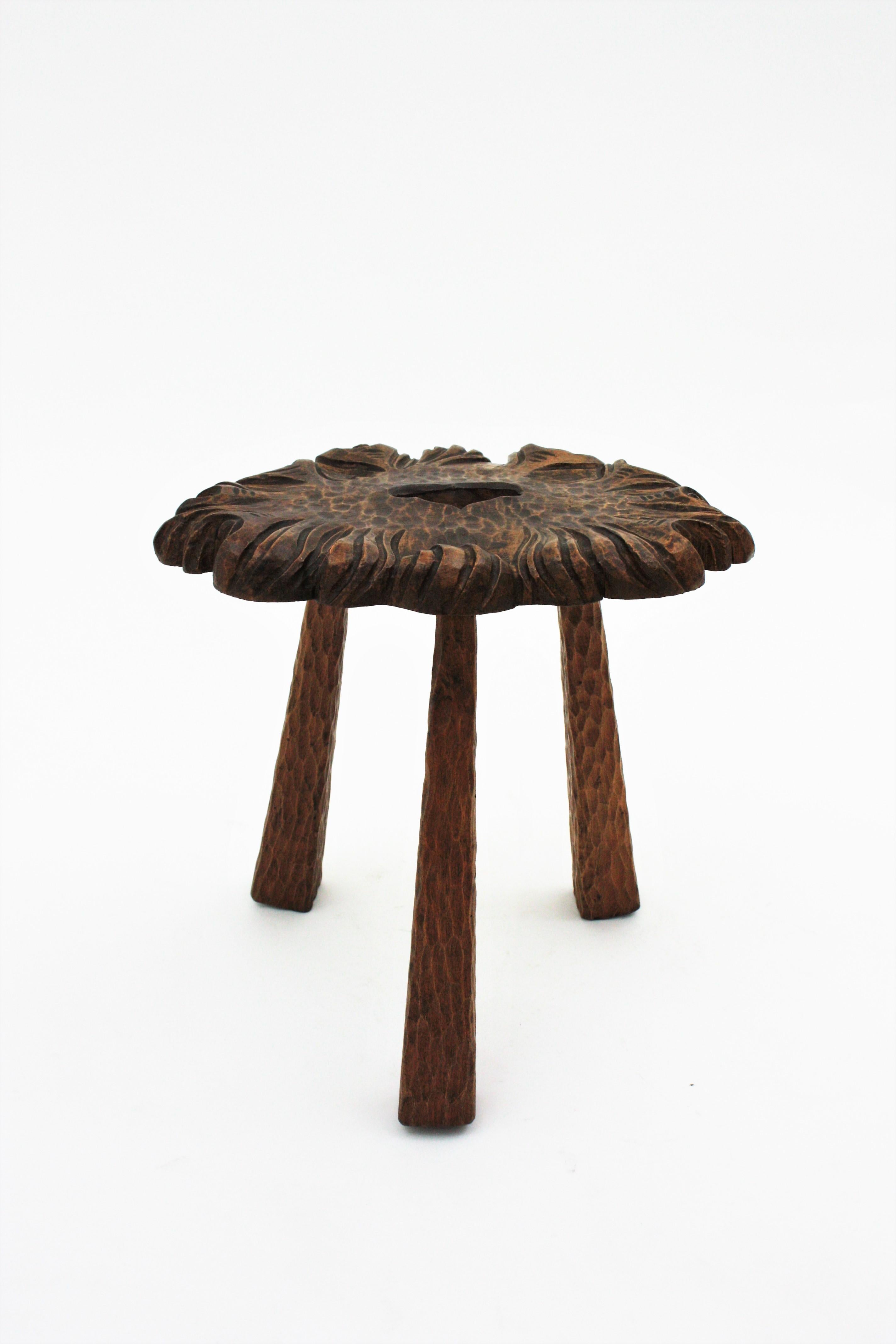 Spanish Rustic Wood Tripod Stool or Side Table For Sale 4