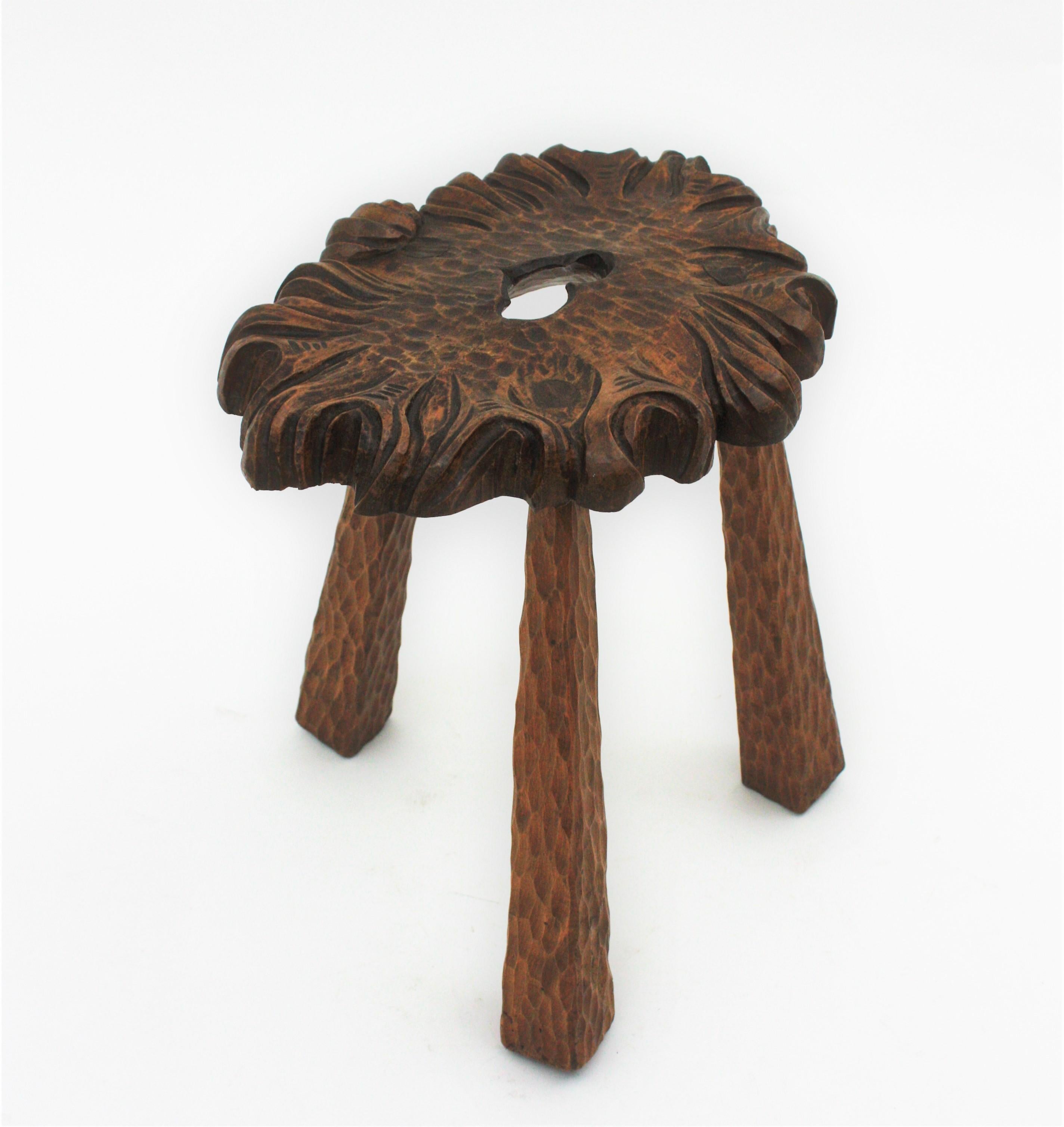 Spanish Rustic Wood Tripod Stool or Side Table For Sale 7