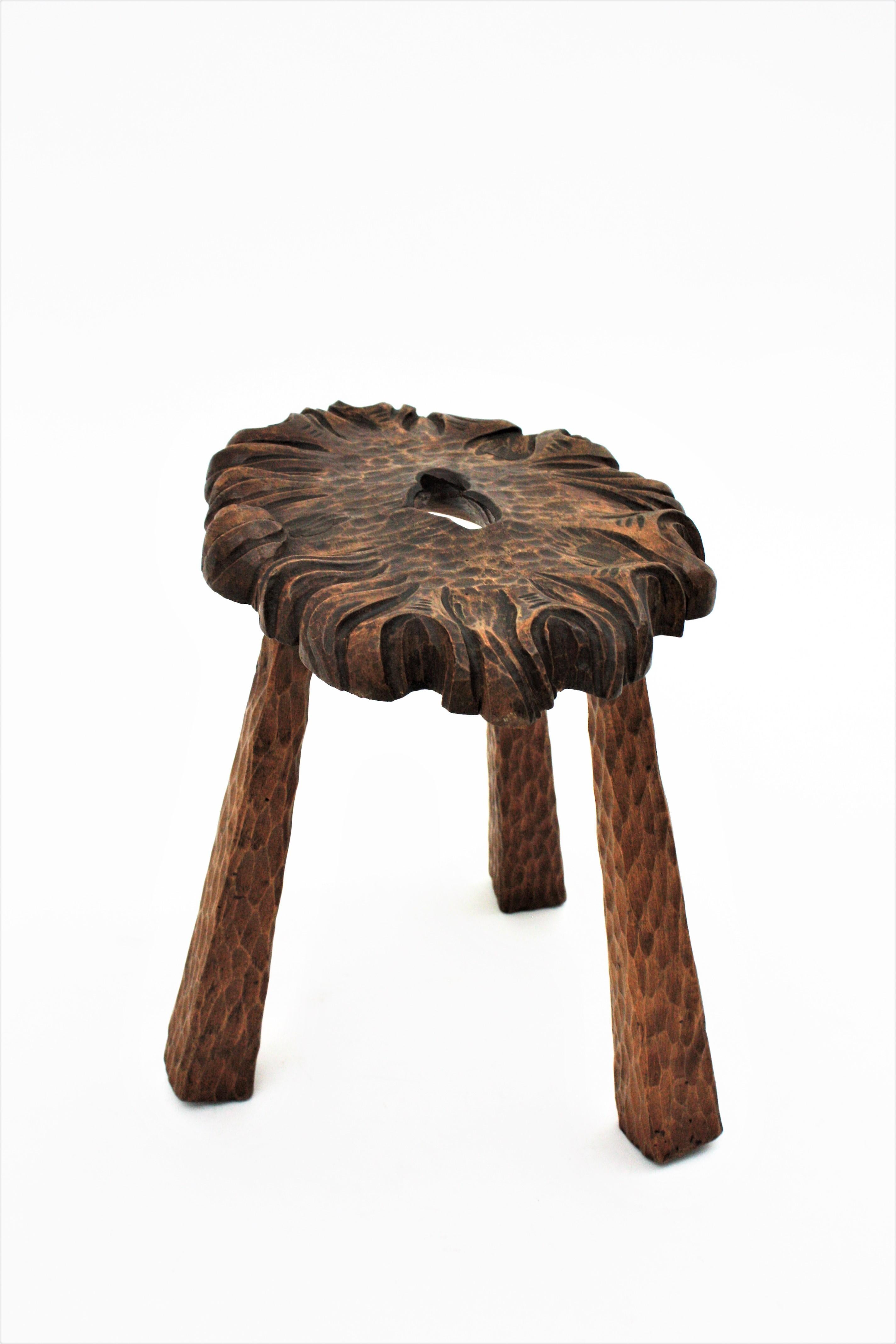 Spanish Rustic Wood Tripod Stool or Side Table For Sale 8