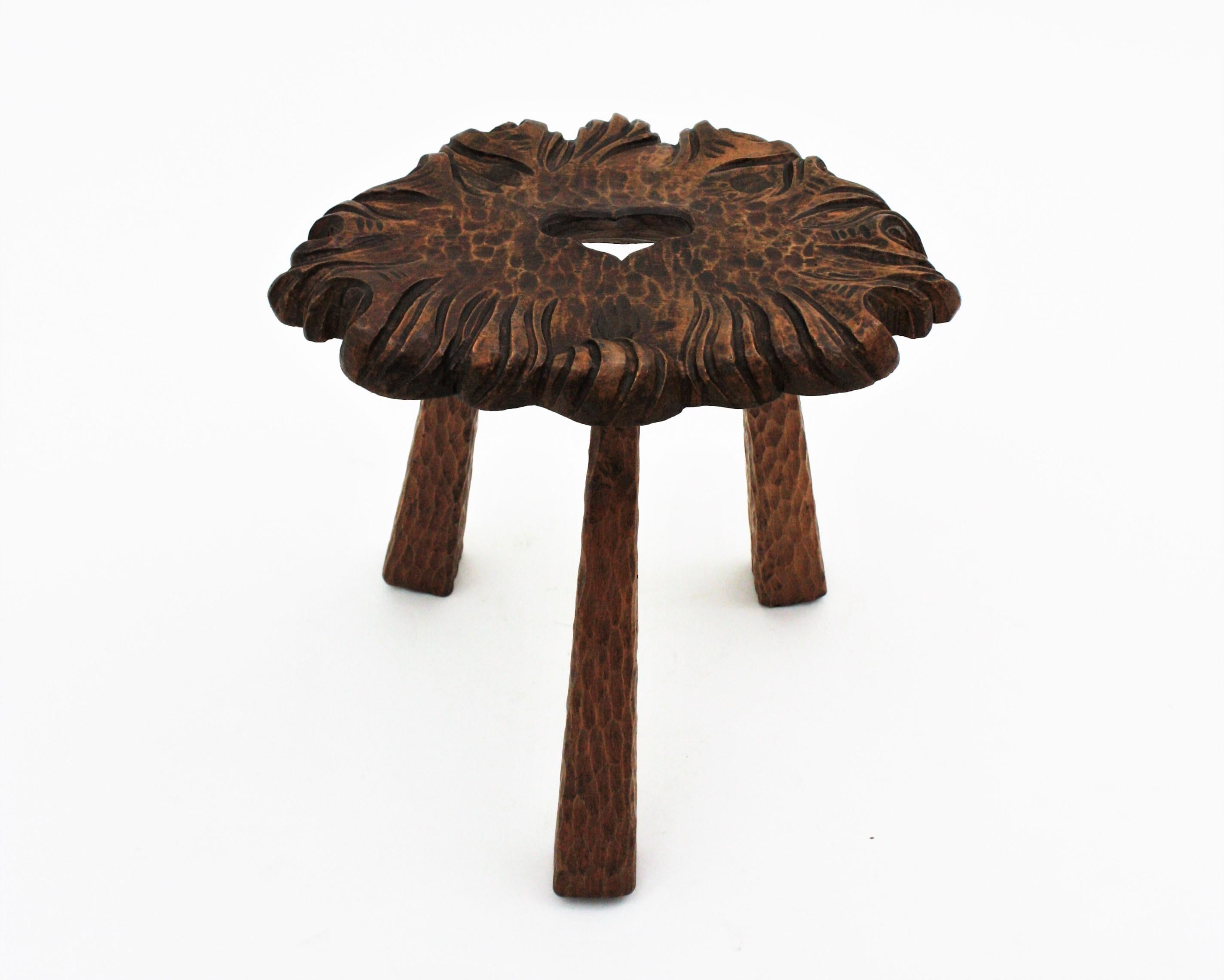 Spanish Rustic Wood Tripod Stool or Side Table For Sale 9