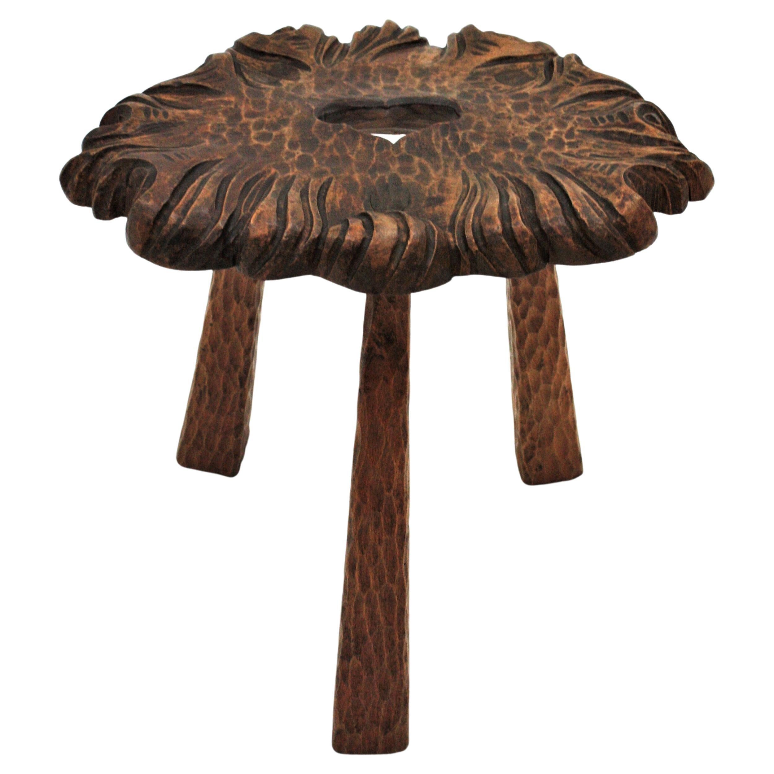 Folk Art Spanish Rustic Wood Tripod Stool or Side Table For Sale