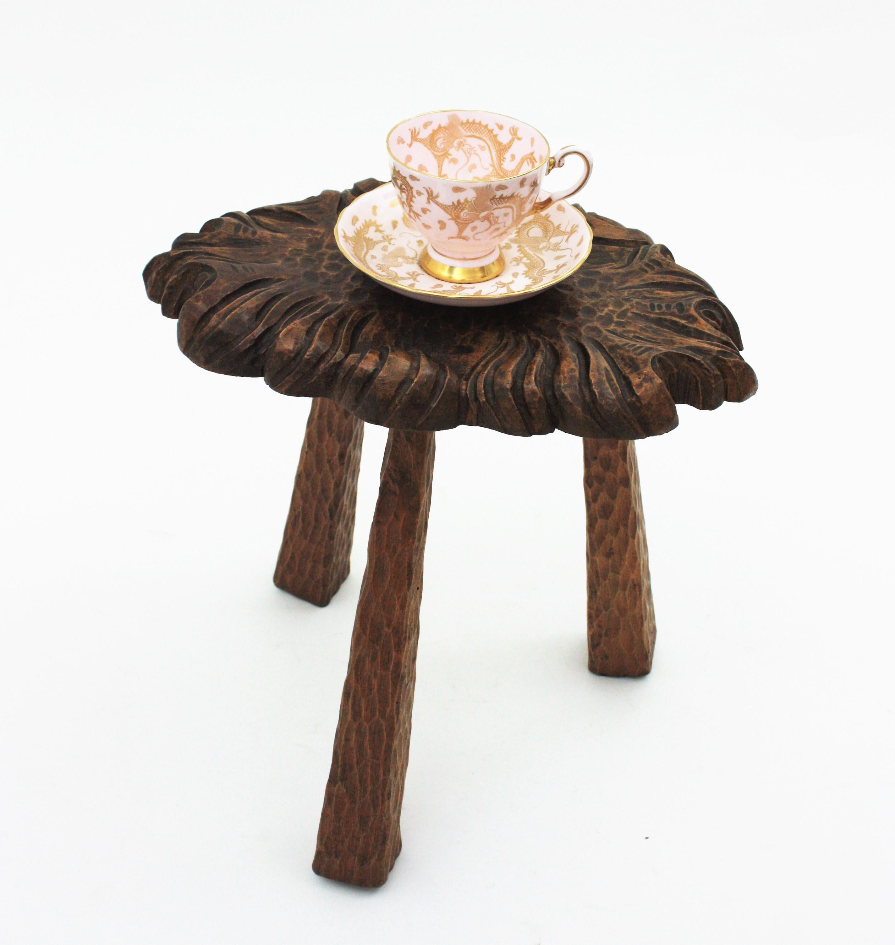 Hand-Carved Spanish Rustic Wood Tripod Stool or Side Table For Sale