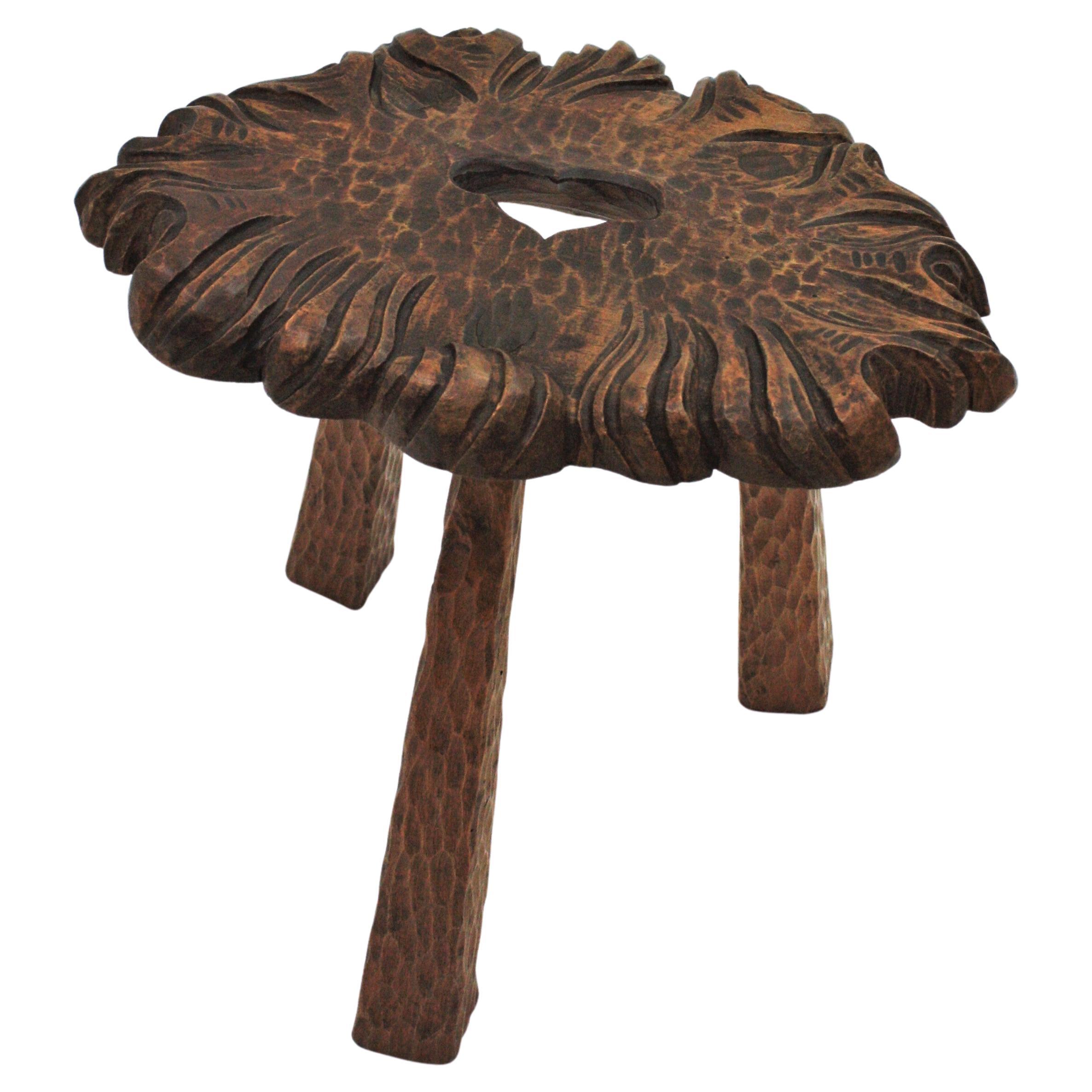 Spanish Rustic Wood Tripod Stool or Side Table