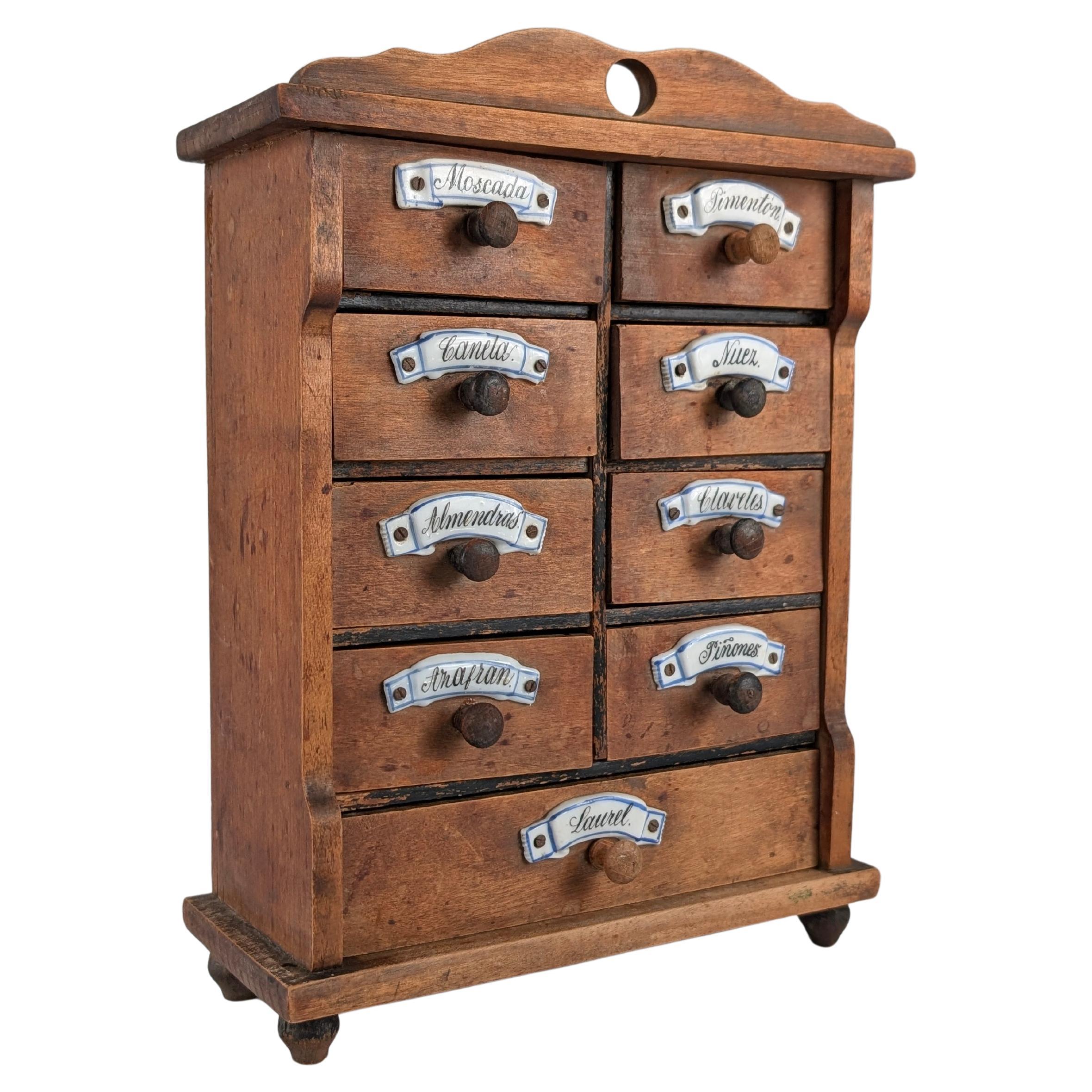 Spanish Rustic Wood Wall Spice Cabinet with Ceramic Labels, 1930s For Sale