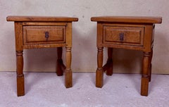 Spanish Rustic Wooden Bedside Tables, Pair with Drawers, 20th Century