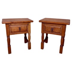 Spanish Rustic Wooden Bedside Tables, Pair with Drawers, 20th Century