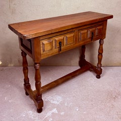 Spanish Rustic Wooden Console Table with Two Drawers and Turned Legs