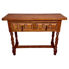 Spanish Rustic Wooden Console Table with Two Drawers and Turned Legs