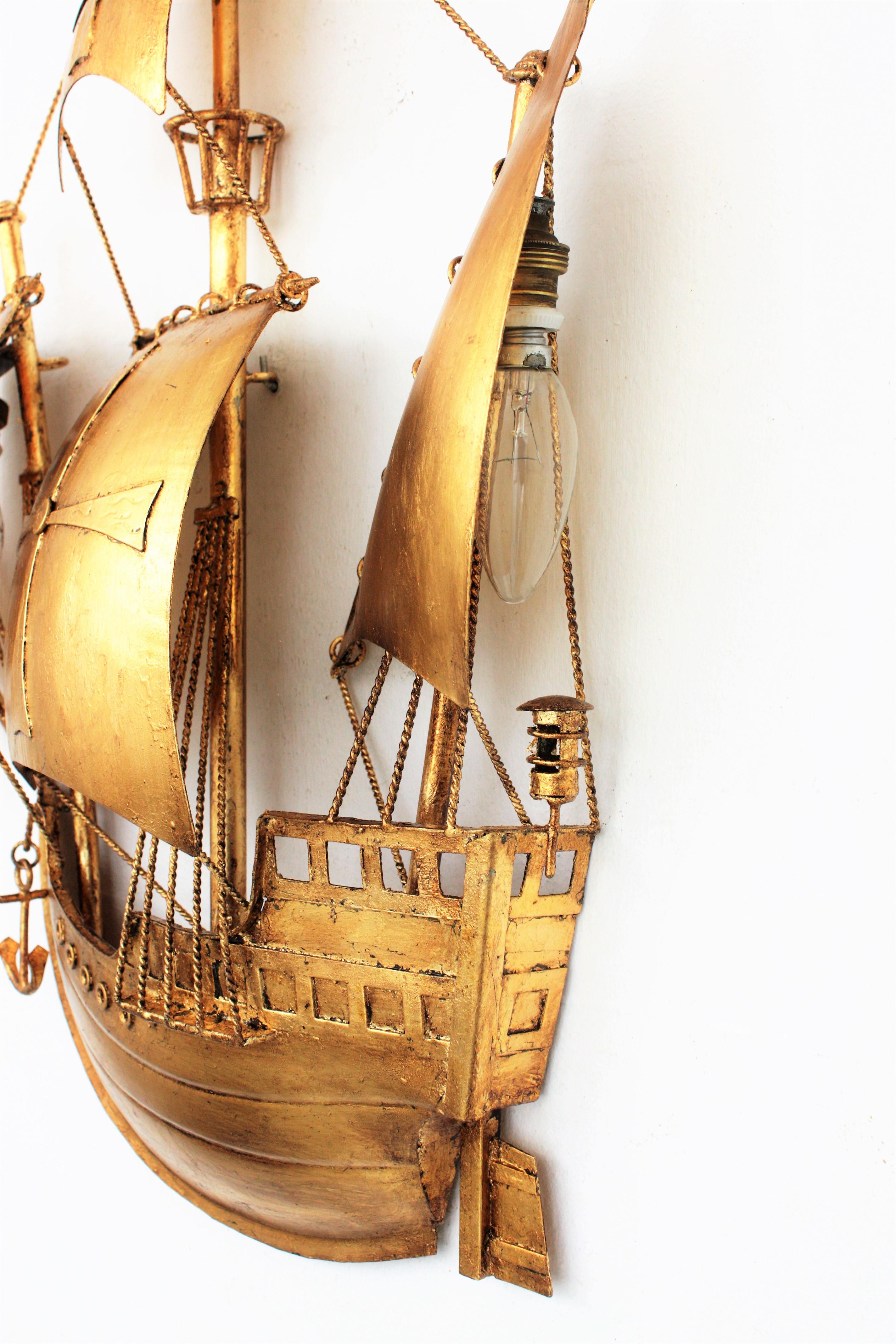 Spanish Galleon Sailing Ship Wall Light Sculpture, Gilt Iron, Poillerat Style For Sale 1
