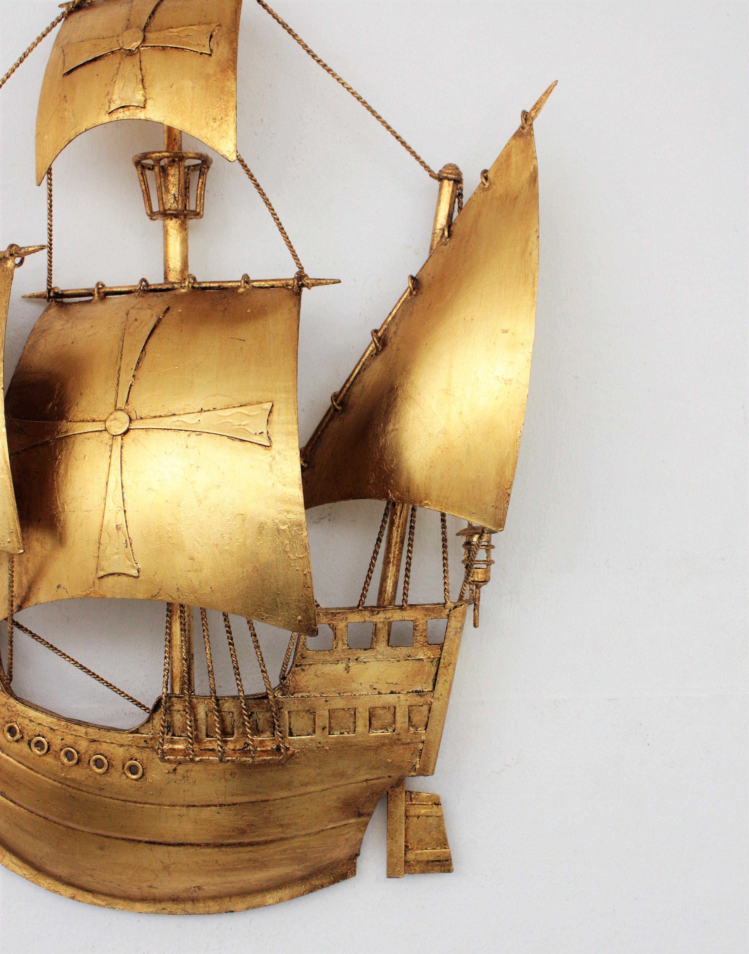 Spanish Galleon Sailing Ship Wall Light Sculpture, Gilt Iron, Poillerat Style For Sale 2