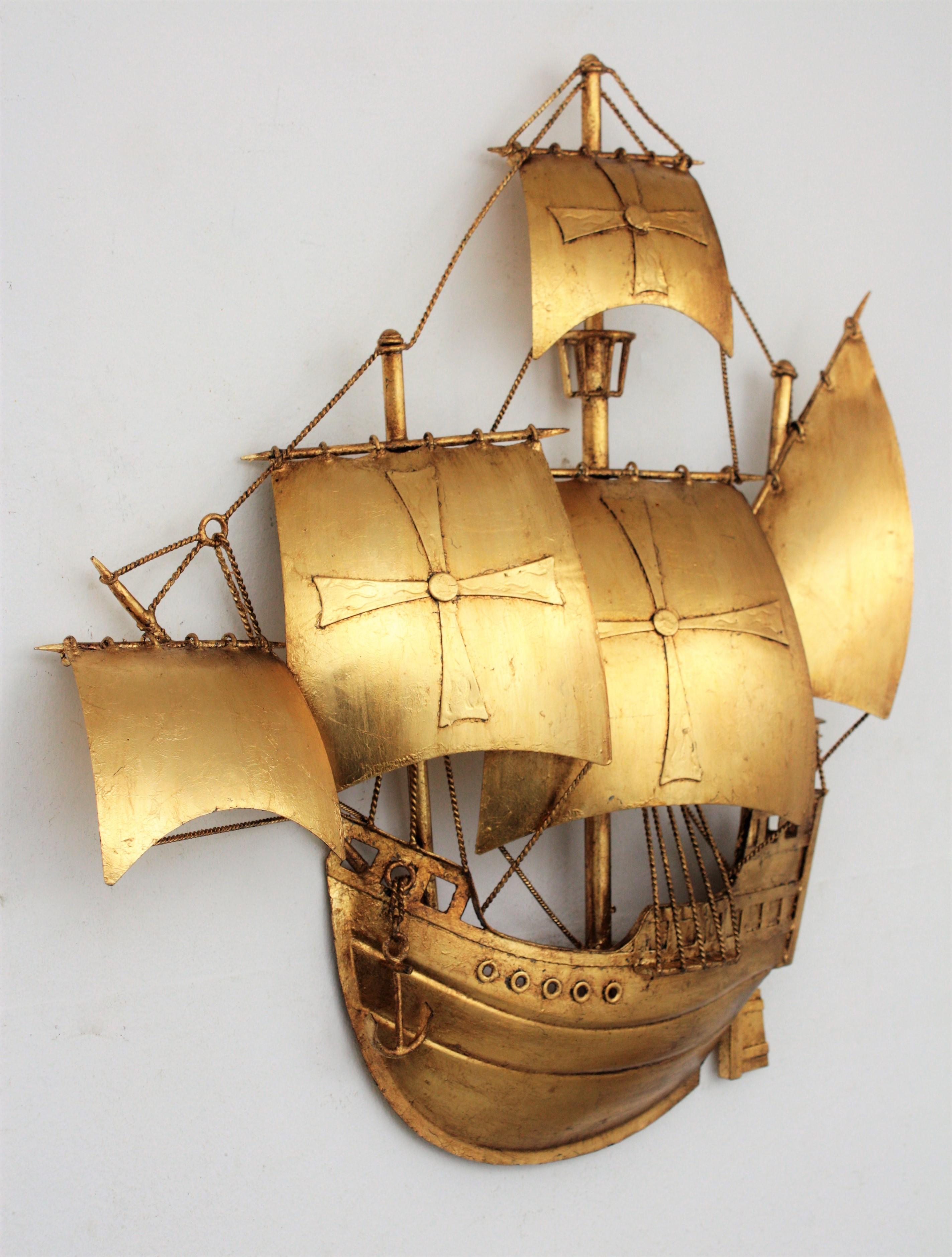 Spanish Galleon Sailing Ship Wall Light Sculpture, Gilt Iron, Poillerat Style For Sale 3