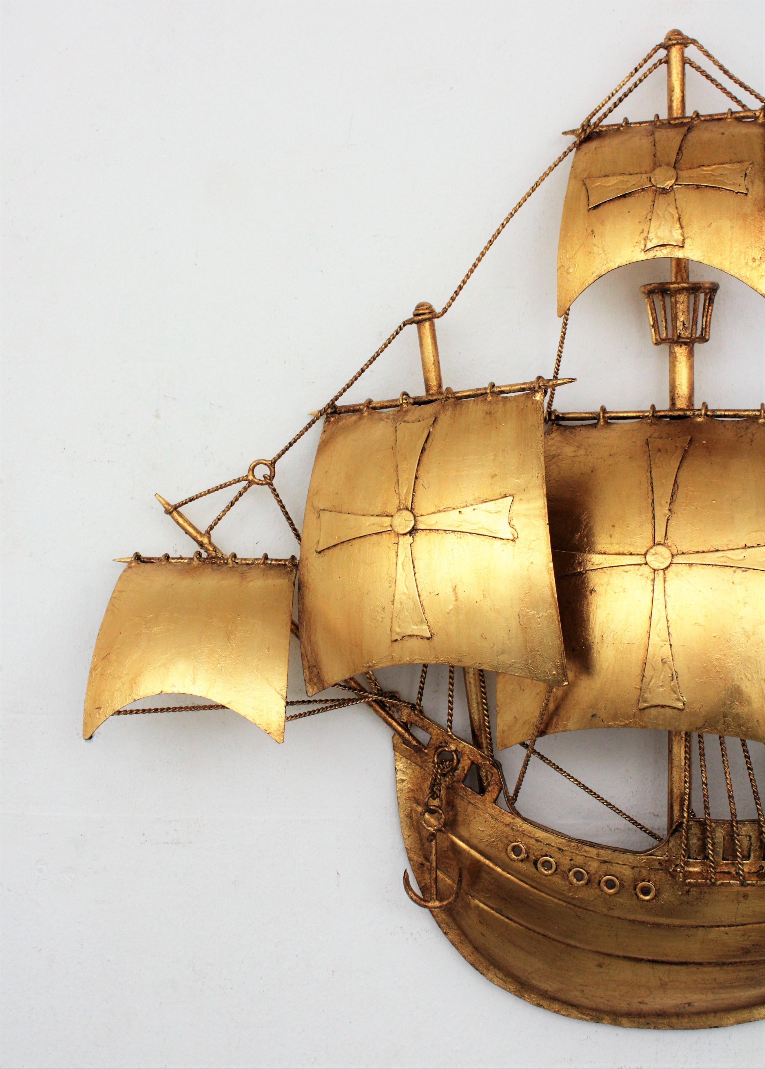 Spanish Galleon Sailing Ship Wall Light Sculpture, Gilt Iron, Poillerat Style For Sale 4