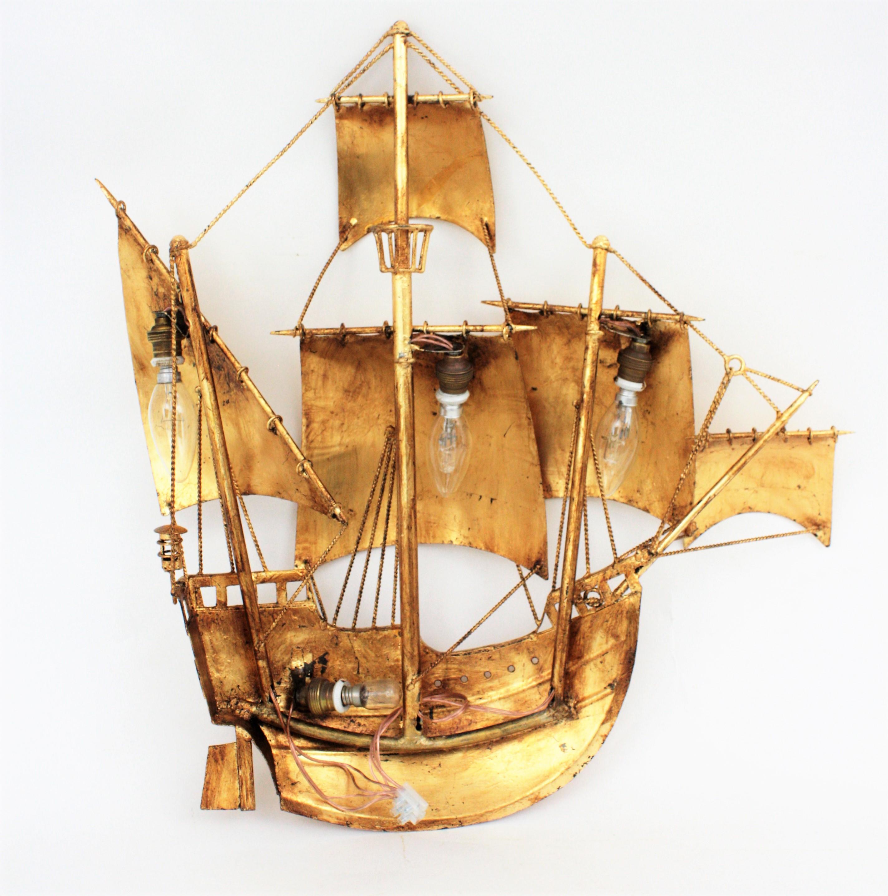 Spanish Galleon Sailing Ship Wall Light Sculpture, Gilt Iron, Poillerat Style For Sale 6