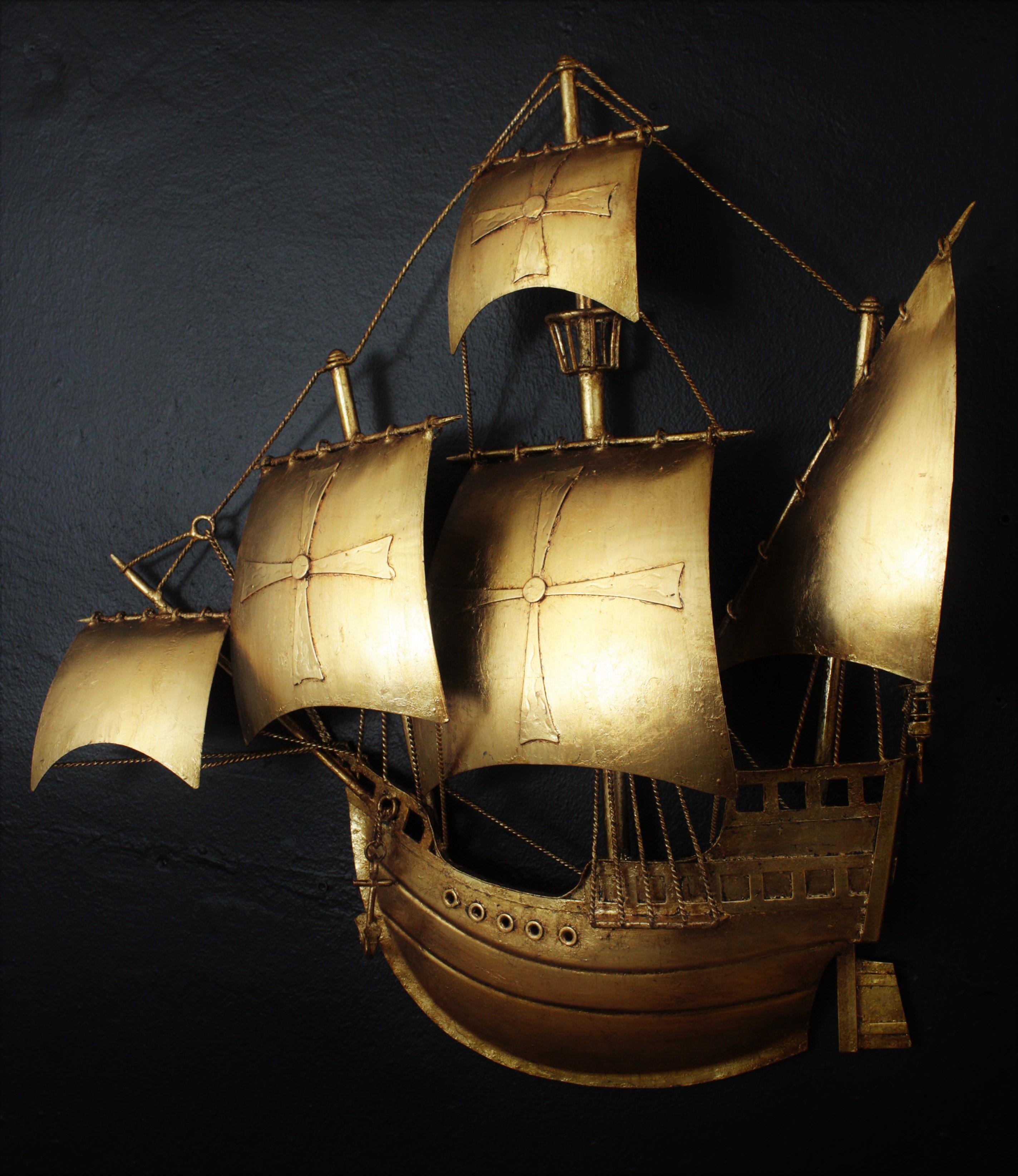 Spanish Galleon Sailing Ship Wall Light Sculpture, Gilt Iron, Poillerat Style For Sale 7