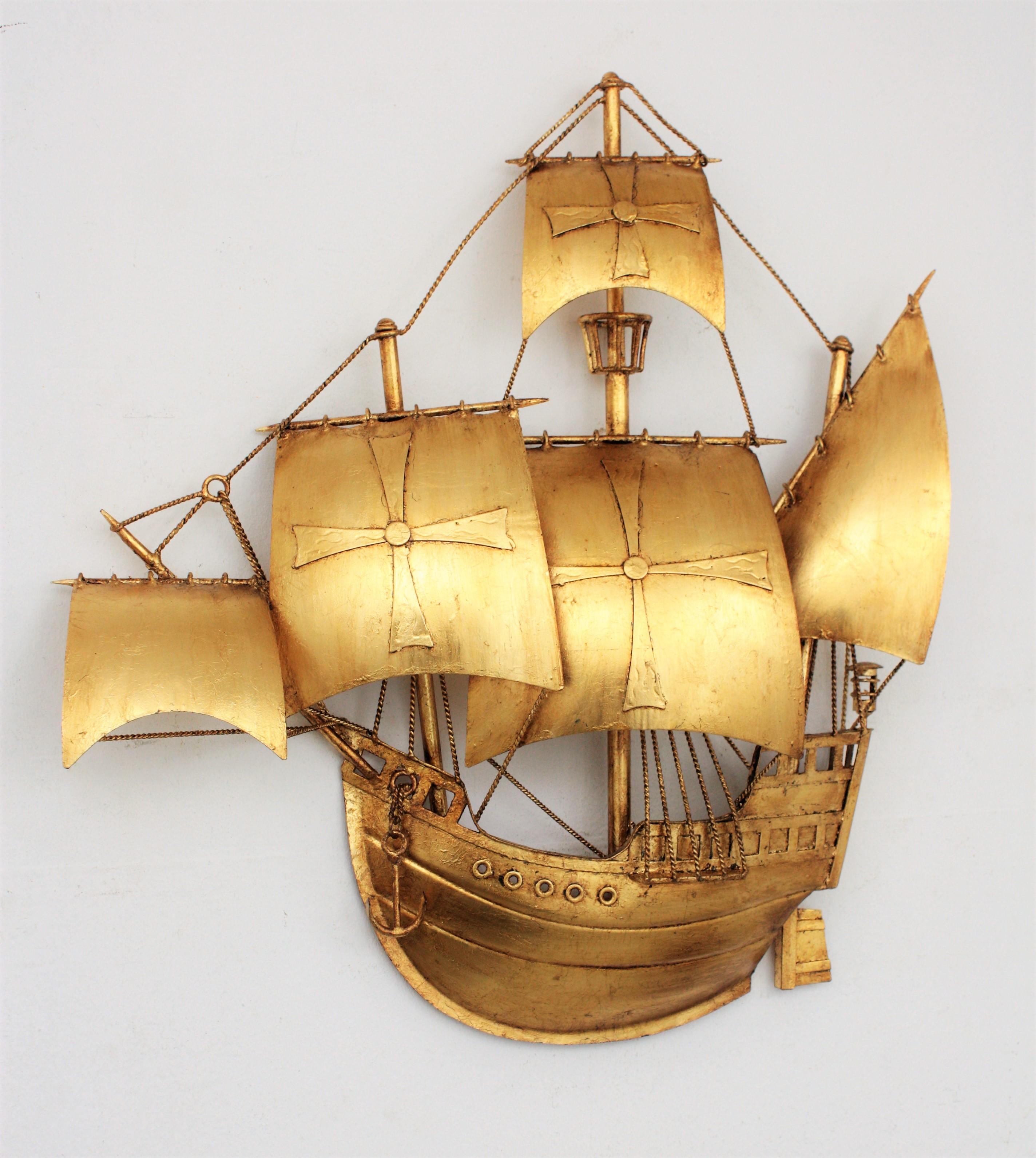 Mid-Century Modern Spanish Galleon Sailing Ship Wall Light Sculpture, Gilt Iron, Poillerat Style For Sale