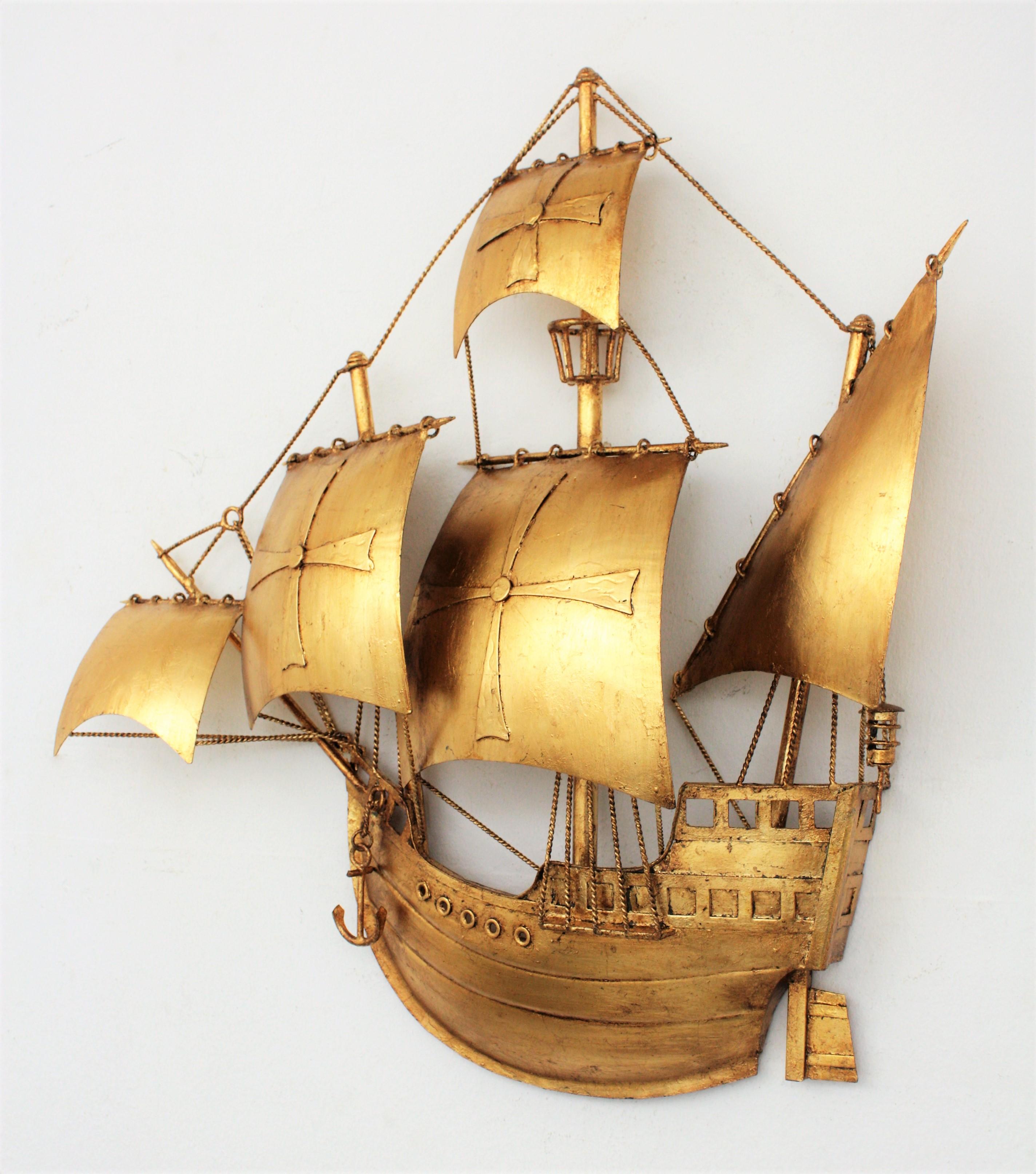 20th Century Spanish Galleon Sailing Ship Wall Light Sculpture, Gilt Iron, Poillerat Style For Sale
