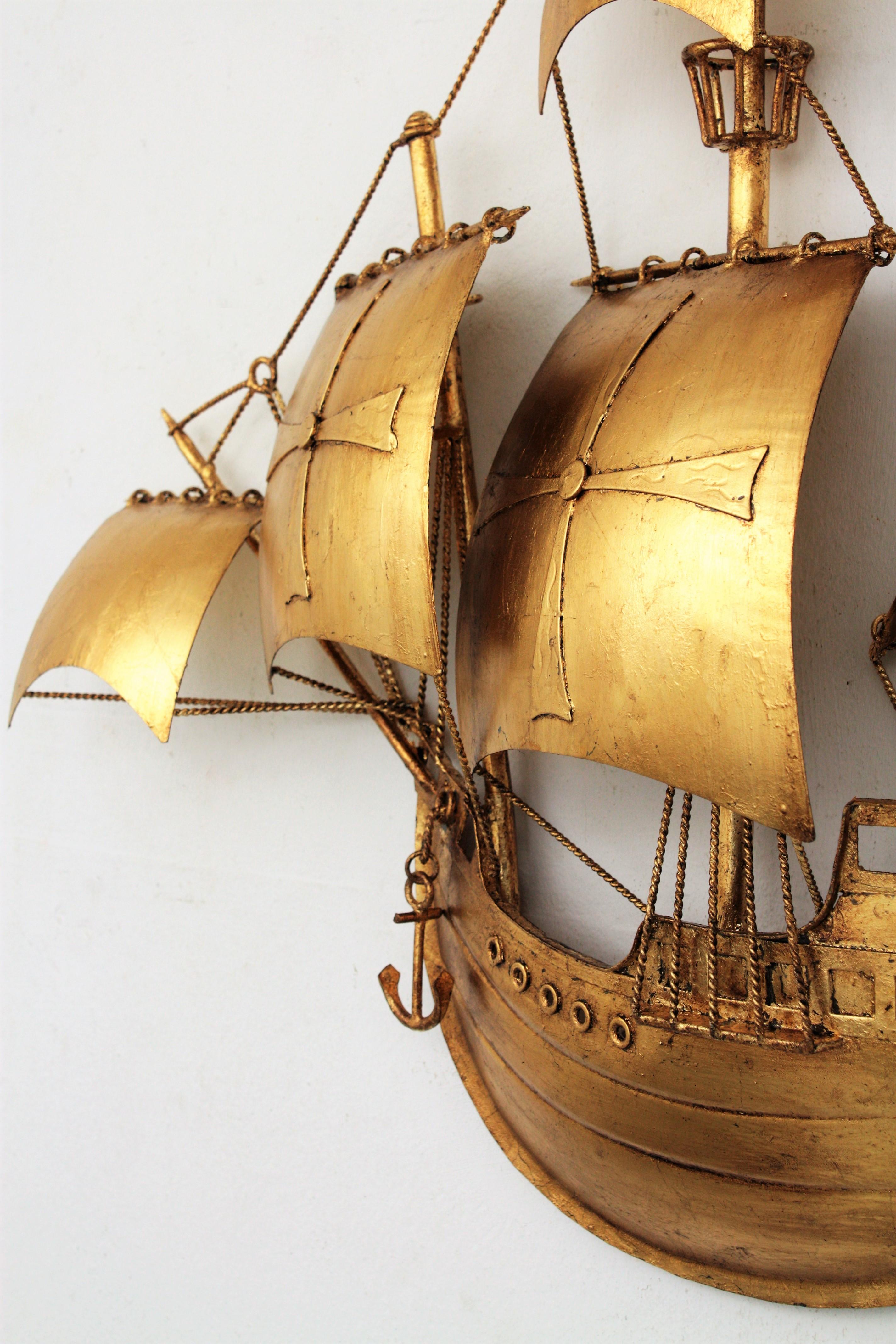 Metal Spanish Galleon Sailing Ship Wall Light Sculpture, Gilt Iron, Poillerat Style For Sale