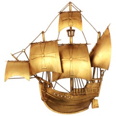 Spanish Galleon / Sailing Ship Wall Light Sculpture, Gilt Iron, Poillerat Style