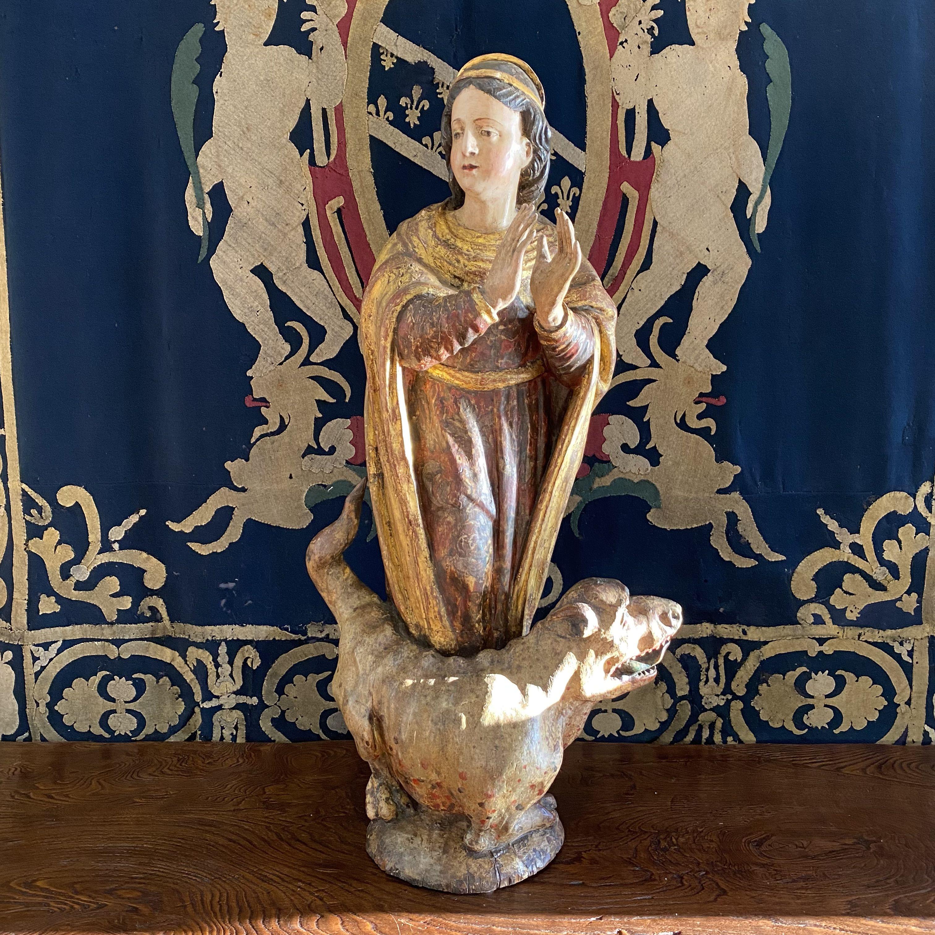 Renaissance Late 17th Century Carved Spanish Sculpture of Saint Margaret and Medieval Dragon For Sale