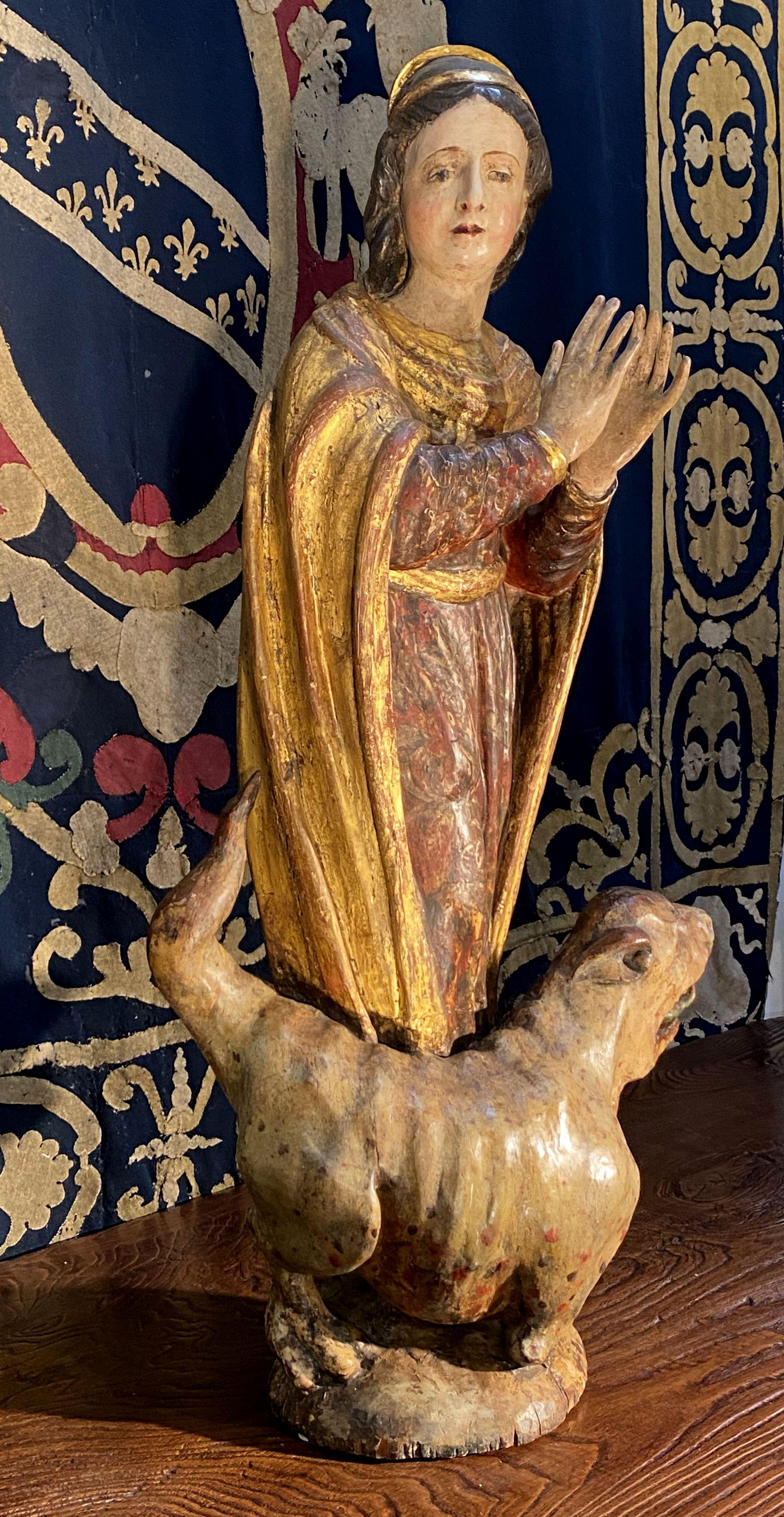 Wood Late 17th Century Carved Spanish Sculpture of Saint Margaret and Medieval Dragon For Sale