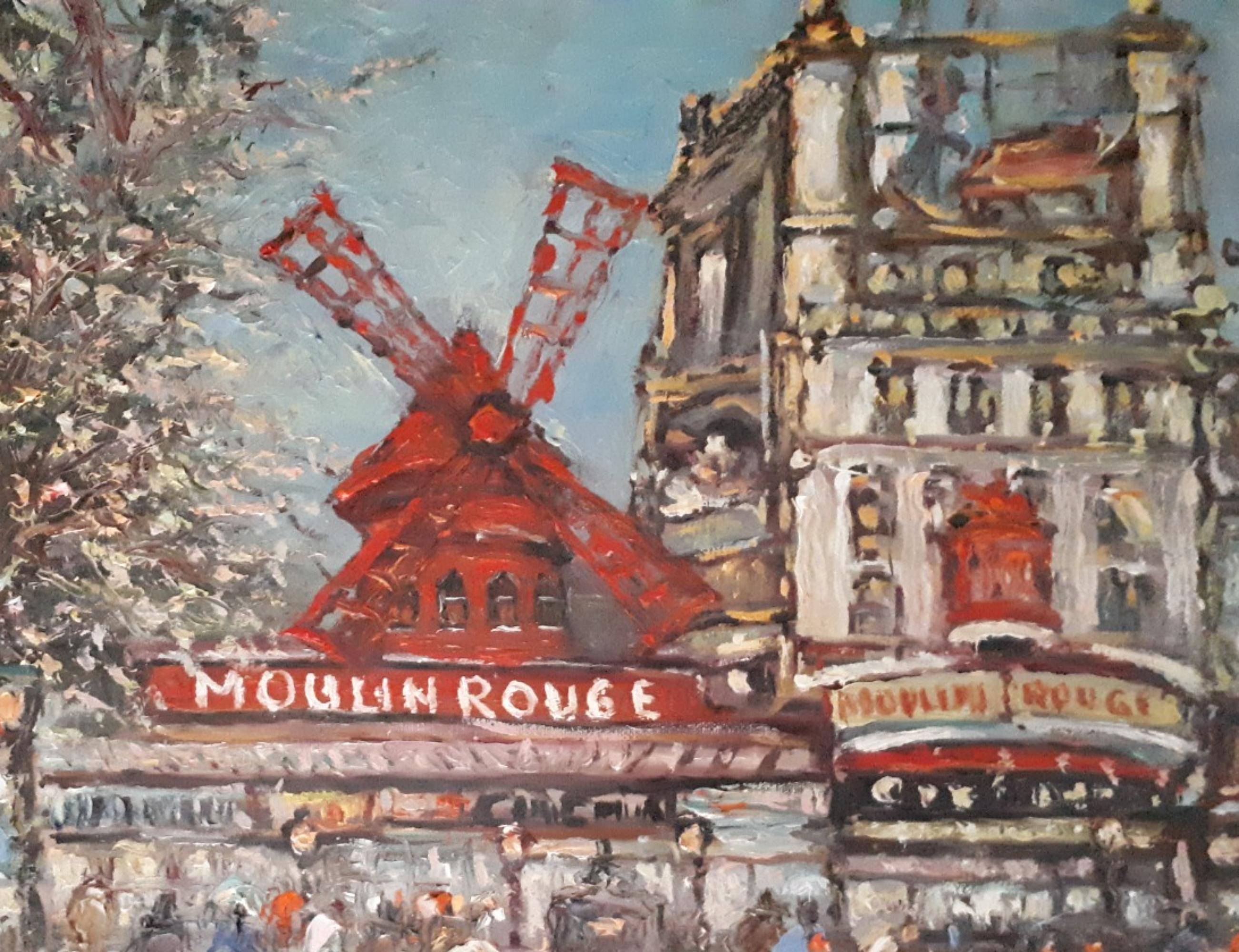 Huilé École espagnole du 20e siècle « Moulin Rouge » signée en vente