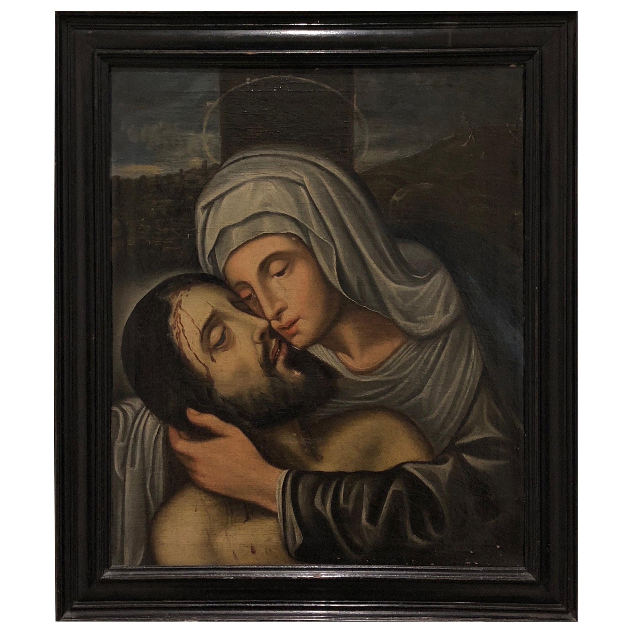 Spanish School Early 17th Century Oil Painting of Christ and the Virgin Mary