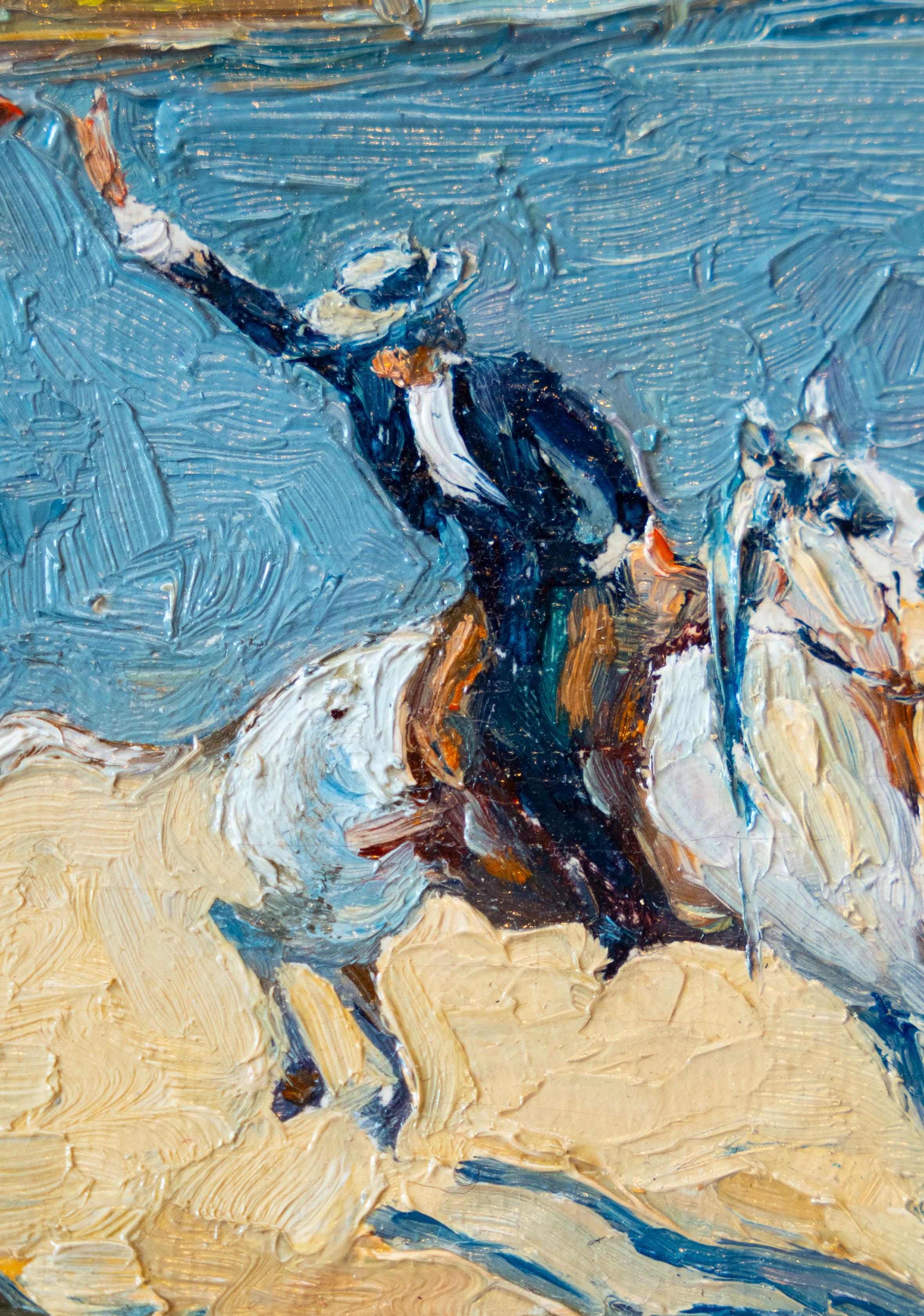 This striking and dynamic painting, attributed to the 20th-century Spanish School, captures the raw intensity and drama of a traditional Spanish bullfighting scene, focusing on the rare and visceral moment of confrontation between a bull and a