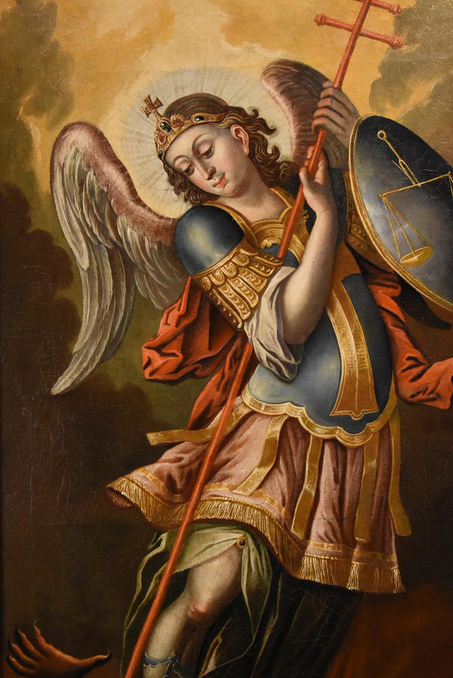 Saint Michael Archangel Spanish School 17th Century Paint Oil on vanvas Spain - Old Masters Painting by Spanish school of the mid-17th century